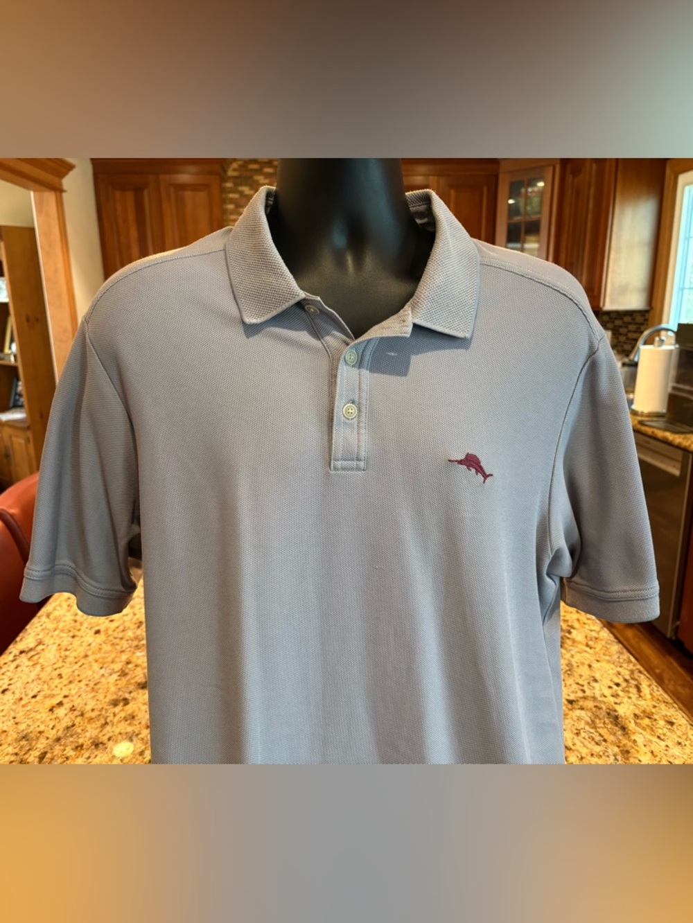Tommy Bahama men’s polo. Sharp Light Gray with red Marlin Embroidered logo.